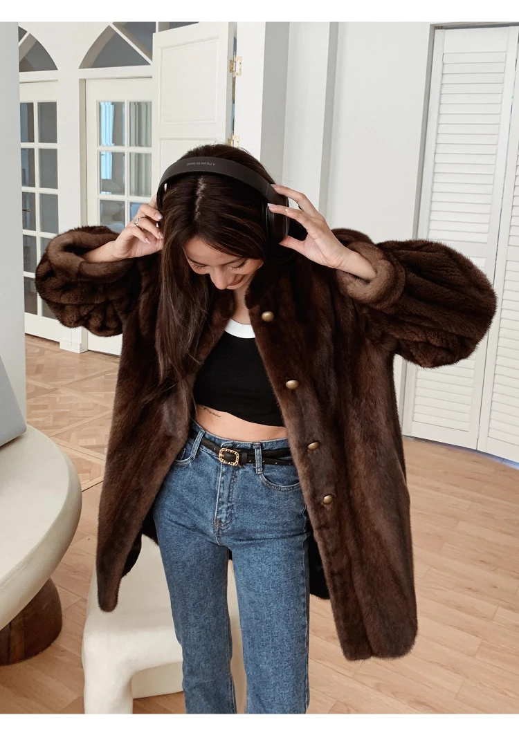 Lautaro Winter Brown Thick Warm Soft Faux Mink Fur Coat Women Long Sleeve Stand Collar Elegant Luxury Chic Fluffy Jacket 2023