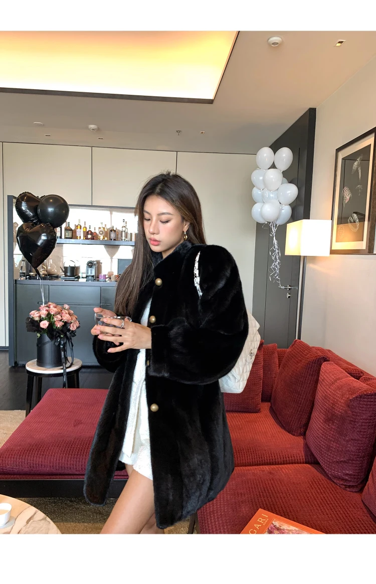 Lautaro Winter Brown Thick Warm Soft Faux Mink Fur Coat Women Long Sleeve Stand Collar Elegant Luxury Chic Fluffy Jacket 2023
