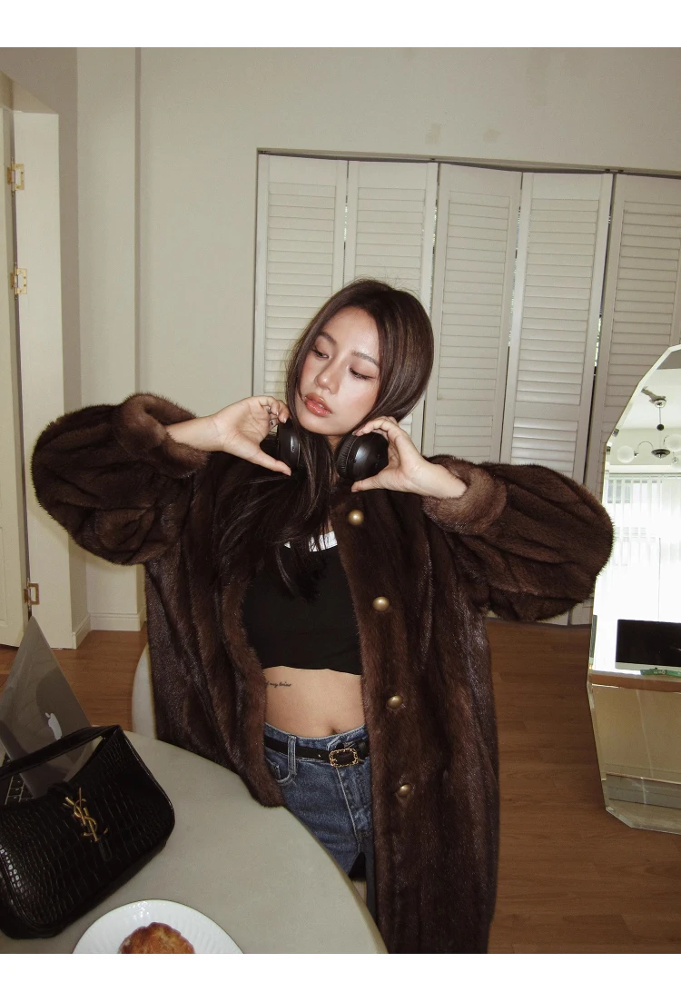 Lautaro Winter Brown Thick Warm Soft Faux Mink Fur Coat Women Long Sleeve Stand Collar Elegant Luxury Chic Fluffy Jacket 2023