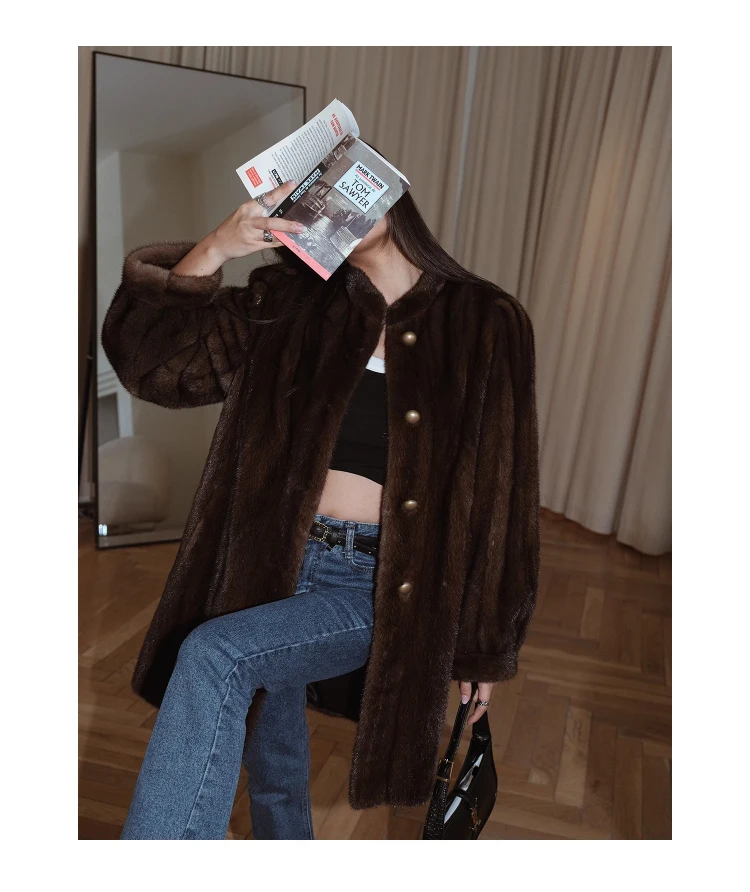 Lautaro Winter Brown Thick Warm Soft Faux Mink Fur Coat Women Long Sleeve Stand Collar Elegant Luxury Chic Fluffy Jacket 2023