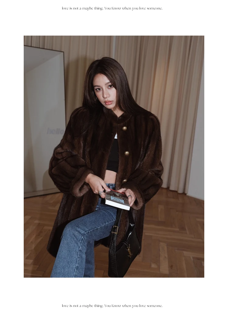 Lautaro Winter Brown Thick Warm Soft Faux Mink Fur Coat Women Long Sleeve Stand Collar Elegant Luxury Chic Fluffy Jacket 2023
