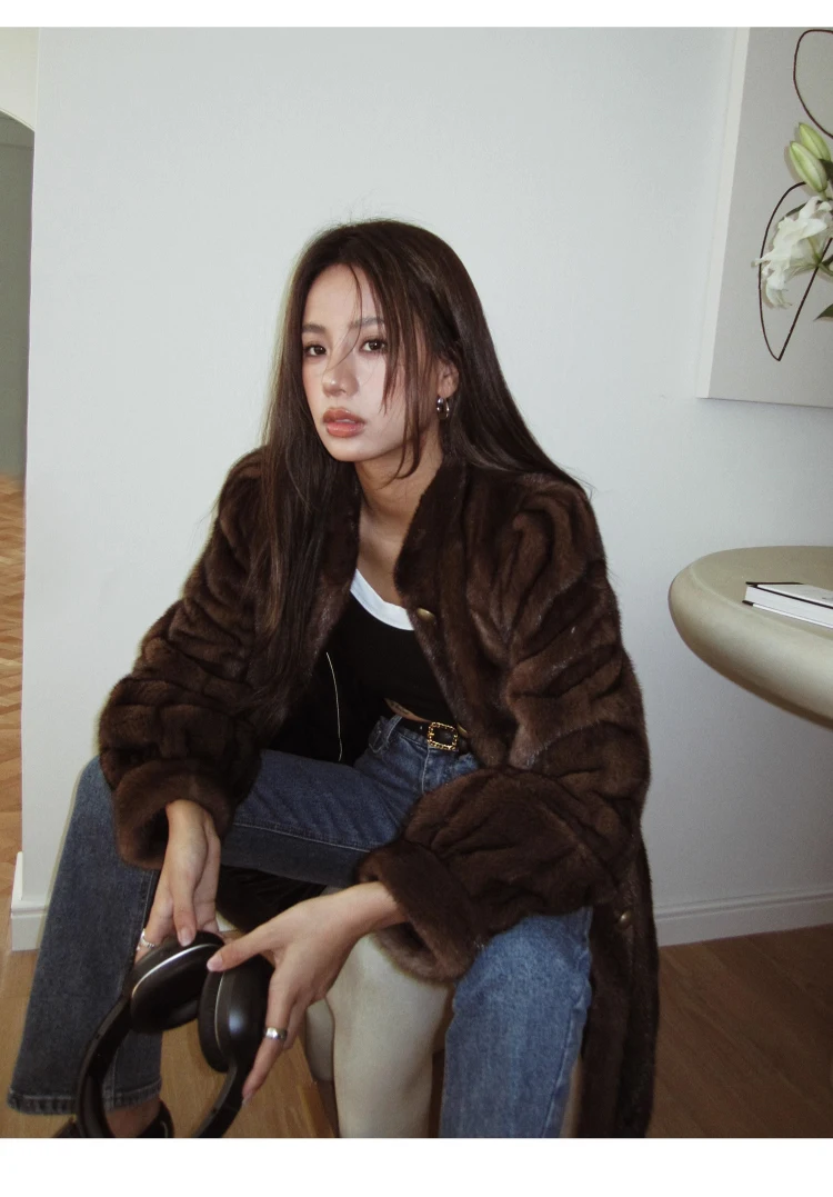 Lautaro Winter Brown Thick Warm Soft Faux Mink Fur Coat Women Long Sleeve Stand Collar Elegant Luxury Chic Fluffy Jacket 2023