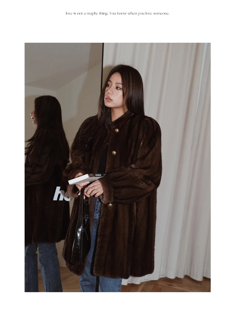 Lautaro Winter Brown Thick Warm Soft Faux Mink Fur Coat Women Long Sleeve Stand Collar Elegant Luxury Chic Fluffy Jacket 2023