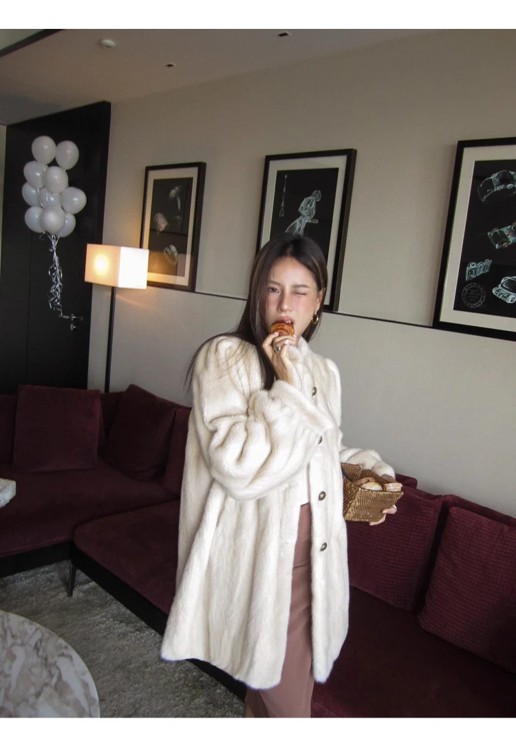 Lautaro Winter Brown Thick Warm Soft Faux Mink Fur Coat Women Long Sleeve Stand Collar Elegant Luxury Chic Fluffy Jacket 2023