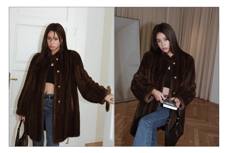 Lautaro Winter Brown Thick Warm Soft Faux Mink Fur Coat Women Long Sleeve Stand Collar Elegant Luxury Chic Fluffy Jacket 2023