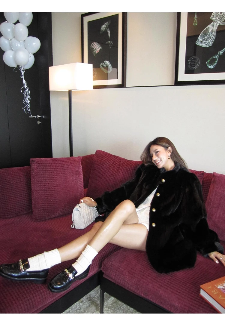 Lautaro Winter Brown Thick Warm Soft Faux Mink Fur Coat Women Long Sleeve Stand Collar Elegant Luxury Chic Fluffy Jacket 2023