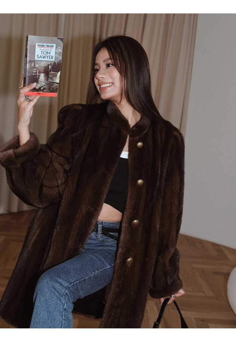 Lautaro Winter Brown Thick Warm Soft Faux Mink Fur Coat Women Long Sleeve Stand Collar Elegant Luxury Chic Fluffy Jacket 2023