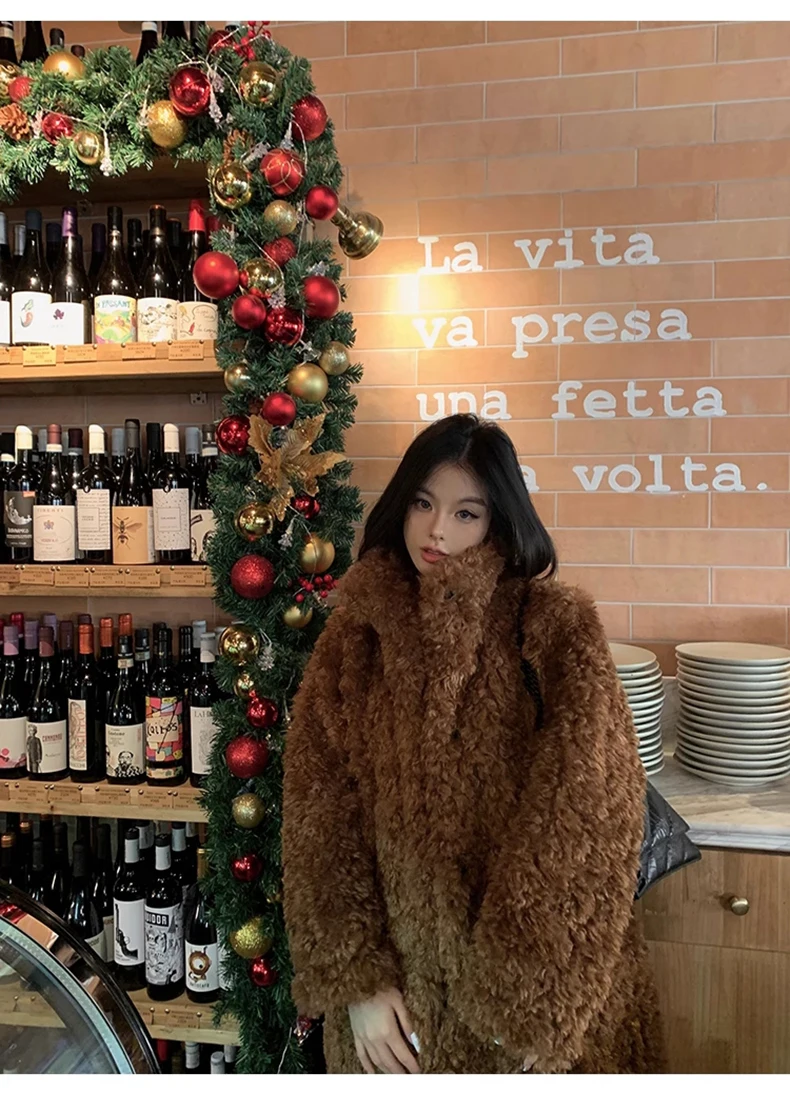 Lautaro Winter Long Loose Casual Soft Thick Warm Fluffy Black Faux Fur Coat Women Stand Collar Hairy Furry Fuzzy Overcoat 2023