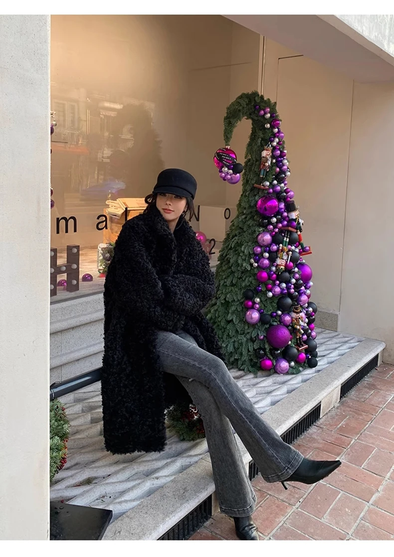 Lautaro Winter Long Loose Casual Soft Thick Warm Fluffy Black Faux Fur Coat Women Stand Collar Hairy Furry Fuzzy Overcoat 2023