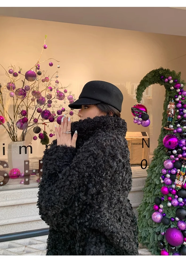 Lautaro Winter Long Loose Casual Soft Thick Warm Fluffy Black Faux Fur Coat Women Stand Collar Hairy Furry Fuzzy Overcoat 2023