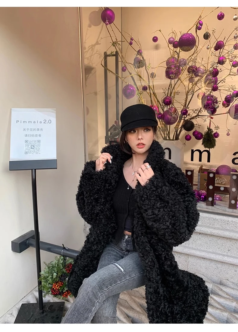 Lautaro Winter Long Loose Casual Soft Thick Warm Fluffy Black Faux Fur Coat Women Stand Collar Hairy Furry Fuzzy Overcoat 2023