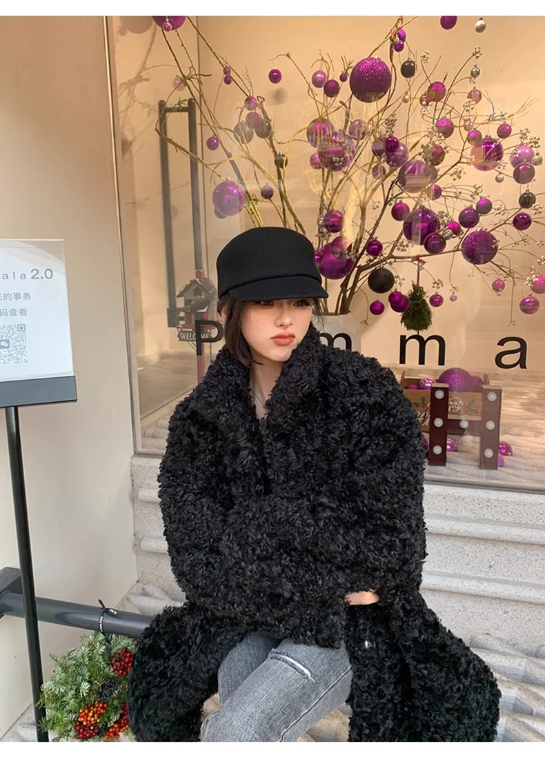 Lautaro Winter Long Loose Casual Soft Thick Warm Fluffy Black Faux Fur Coat Women Stand Collar Hairy Furry Fuzzy Overcoat 2023