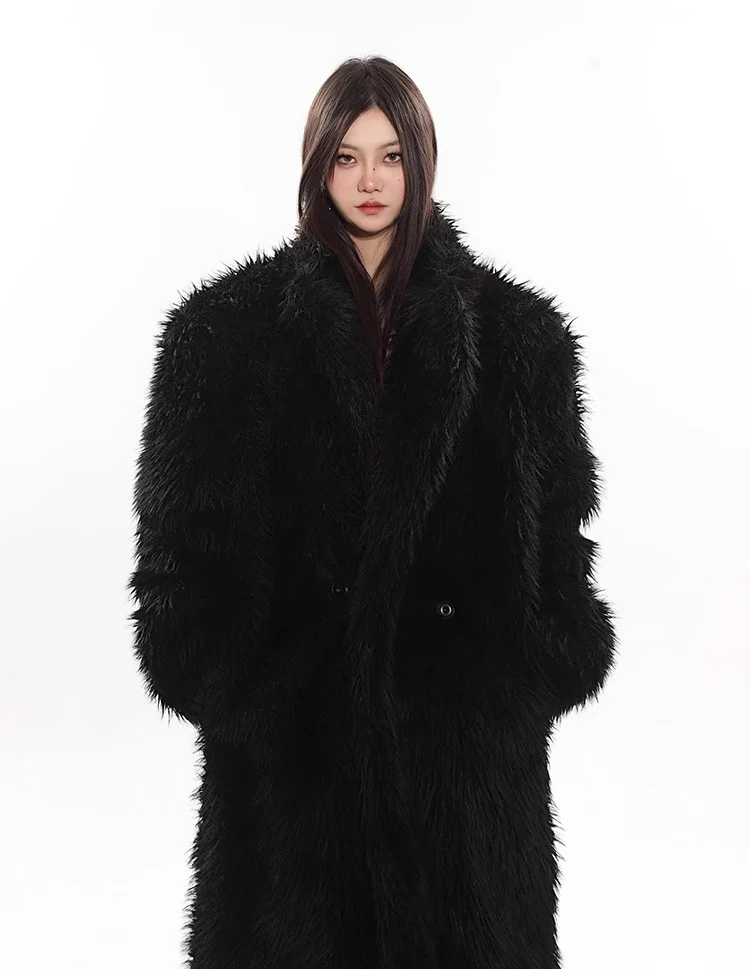 Women's wool fur coat artificial fox fur long fur coat winter warm plus long thick plush trench coat