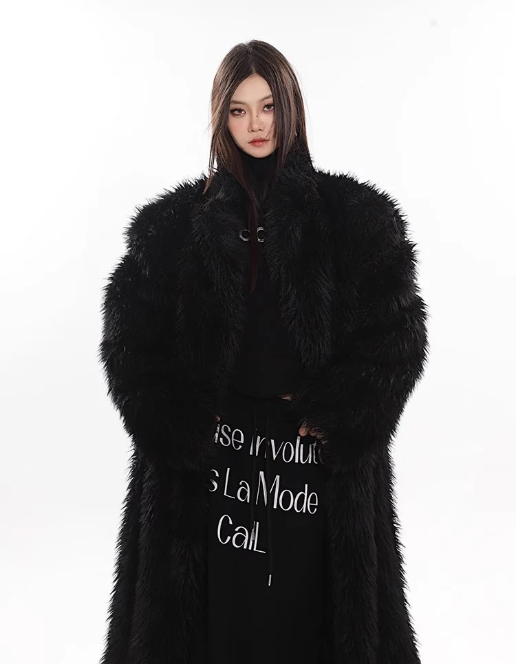 Women's wool fur coat artificial fox fur long fur coat winter warm plus long thick plush trench coat