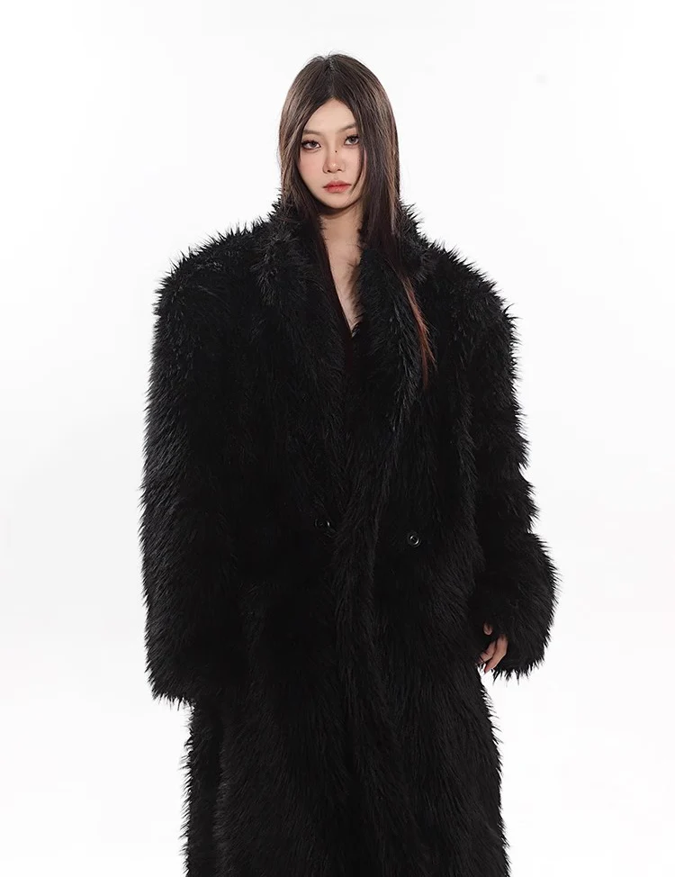 Women's wool fur coat artificial fox fur long fur coat winter warm plus long thick plush trench coat