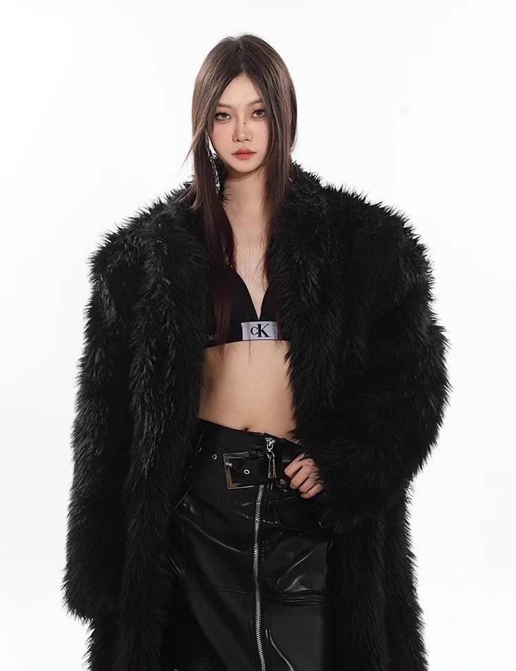 Women's wool fur coat artificial fox fur long fur coat winter warm plus long thick plush trench coat
