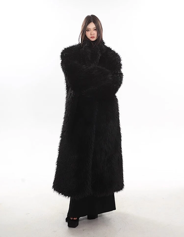 Women's wool fur coat artificial fox fur long fur coat winter warm plus long thick plush trench coat