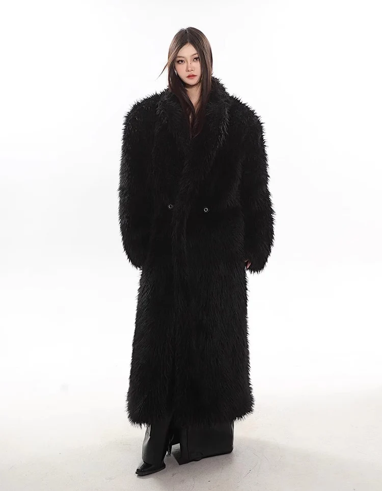 Women's wool fur coat artificial fox fur long fur coat winter warm plus long thick plush trench coat