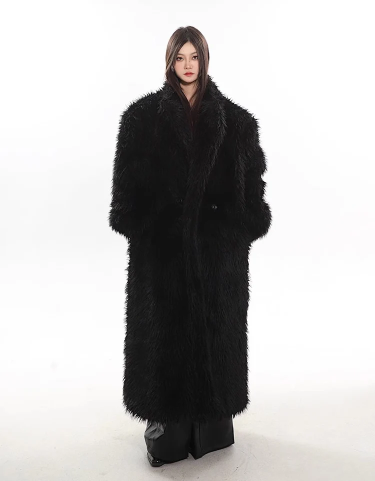 Women's wool fur coat artificial fox fur long fur coat winter warm plus long thick plush trench coat