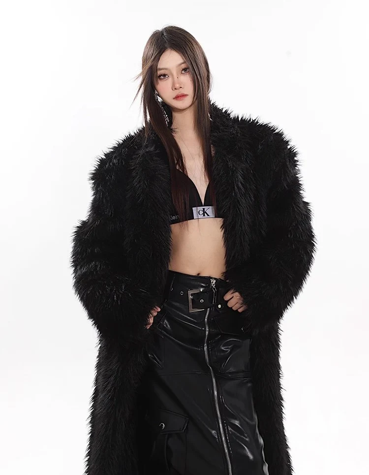 Women's wool fur coat artificial fox fur long fur coat winter warm plus long thick plush trench coat