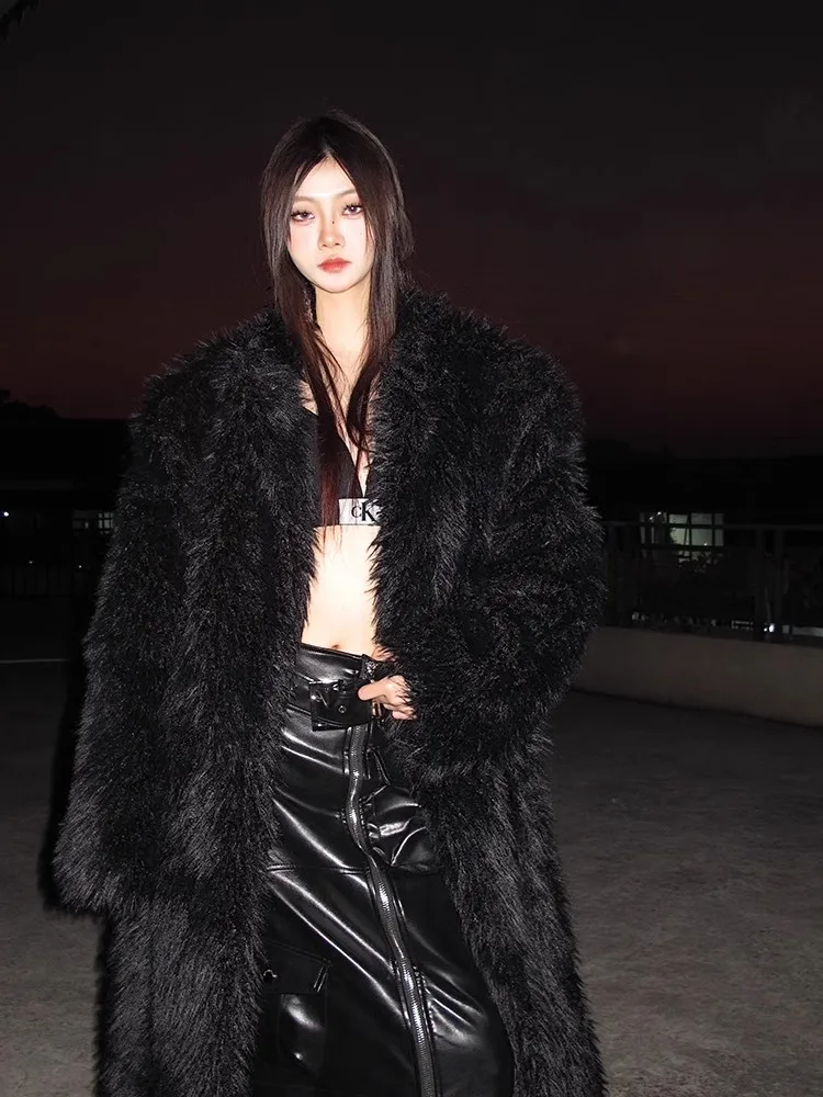 Women's wool fur coat artificial fox fur long fur coat winter warm plus long thick plush trench coat