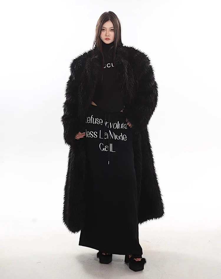 Women's wool fur coat artificial fox fur long fur coat winter warm plus long thick plush trench coat