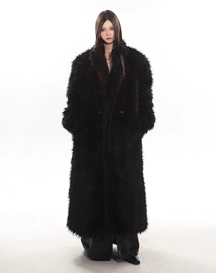 Women's wool fur coat artificial fox fur long fur coat winter warm plus long thick plush trench coat