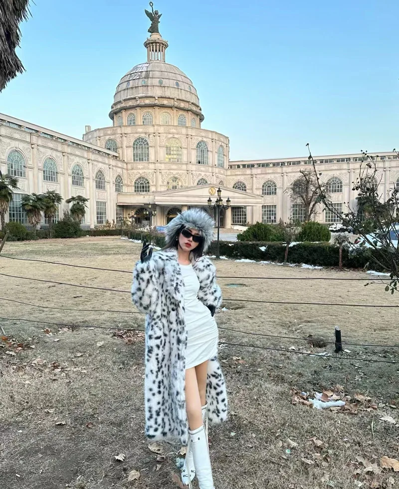 New Cool Girls Faux Fur Coat Long Belted Leopard Print Fox Fur Outerwears Women Autumn Winter Thick Warm Soft Fluffy Overcoat