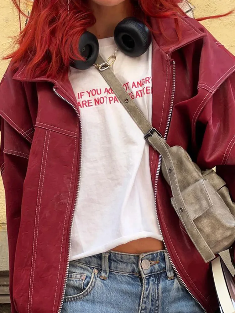 Fashion Lapel Wine Red Leather PU Jacket Autumn Winter Women's Jackets Vintage Long Sleeve Crop Coats Belt High Street New Coat