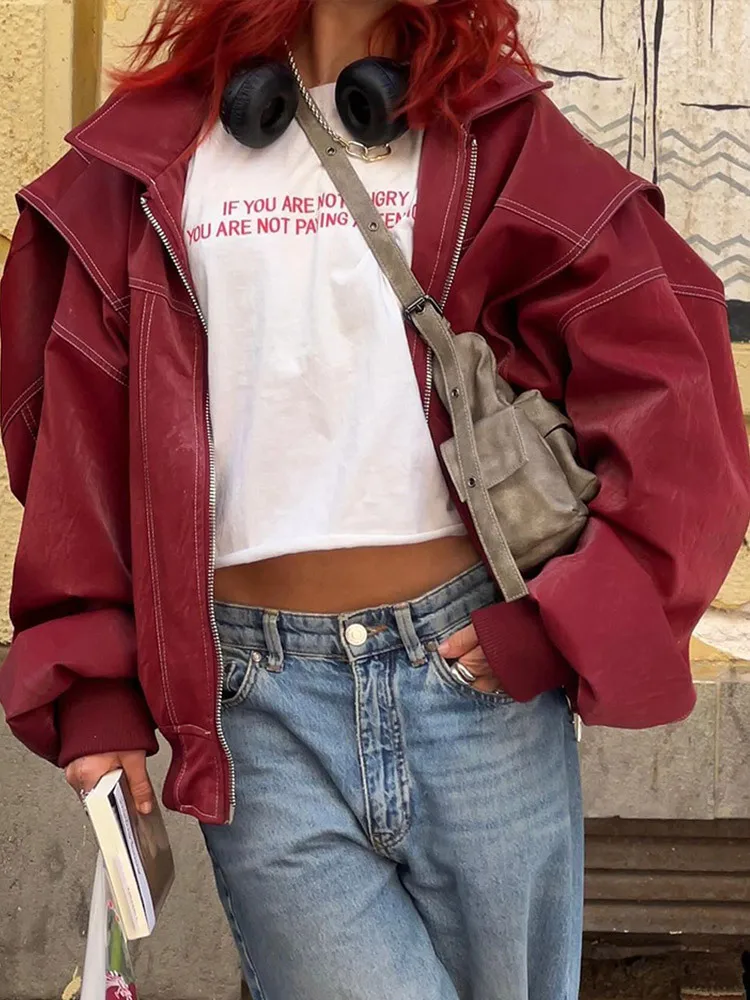 Fashion Lapel Wine Red Leather PU Jacket Autumn Winter Women's Jackets Vintage Long Sleeve Crop Coats Belt High Street New Coat