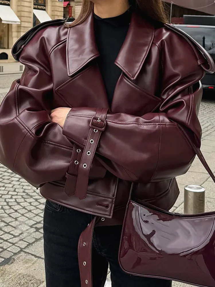 Fashion Lapel Wine Red Leather PU Jacket Autumn Winter Women's Jackets Vintage Long Sleeve Crop Coats Belt High Street New Coat