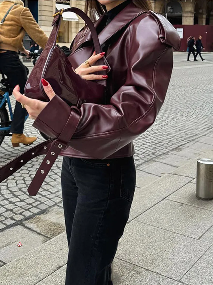 Fashion Lapel Wine Red Leather PU Jacket Autumn Winter Women's Jackets Vintage Long Sleeve Crop Coats Belt High Street New Coat