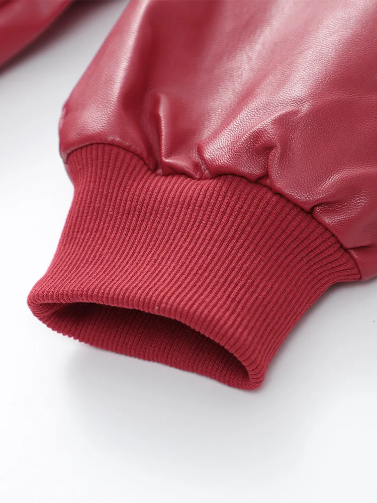 Fashion Lapel Wine Red Leather PU Jacket Autumn Winter Women's Jackets Vintage Long Sleeve Crop Coats Belt High Street New Coat