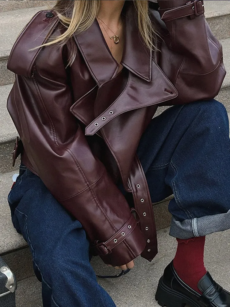 Fashion Lapel Wine Red Leather PU Jacket Autumn Winter Women's Jackets Vintage Long Sleeve Crop Coats Belt High Street New Coat