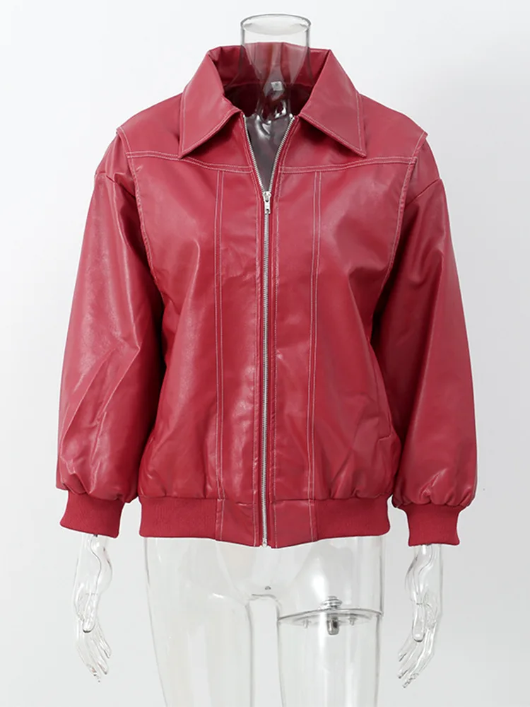 Fashion Lapel Wine Red Leather PU Jacket Autumn Winter Women's Jackets Vintage Long Sleeve Crop Coats Belt High Street New Coat