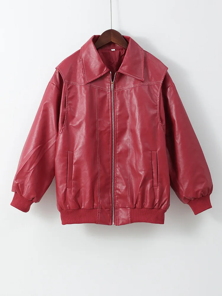 Fashion Lapel Wine Red Leather PU Jacket Autumn Winter Women's Jackets Vintage Long Sleeve Crop Coats Belt High Street New Coat