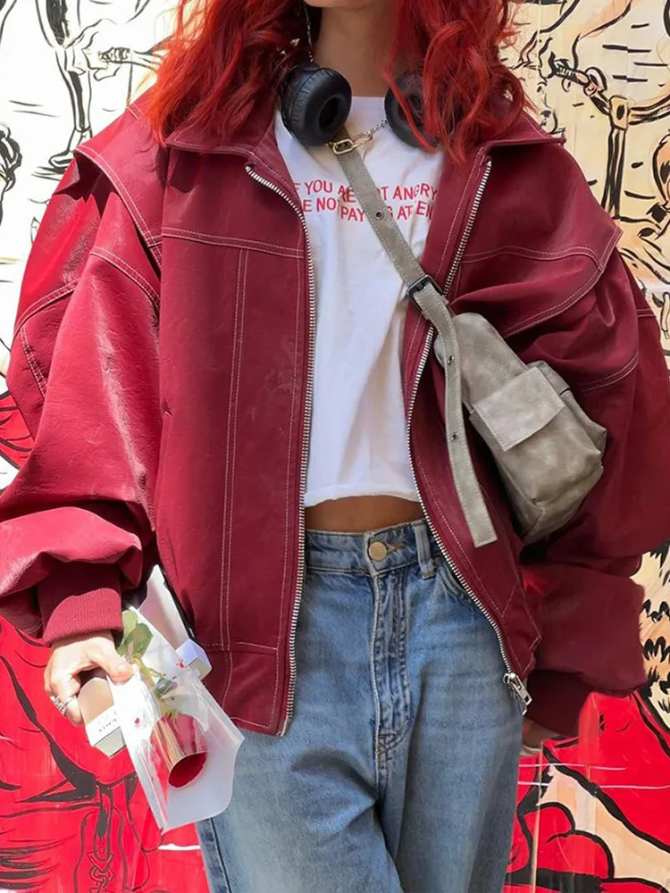 Fashion Lapel Wine Red Leather PU Jacket Autumn Winter Women's Jackets Vintage Long Sleeve Crop Coats Belt High Street New Coat