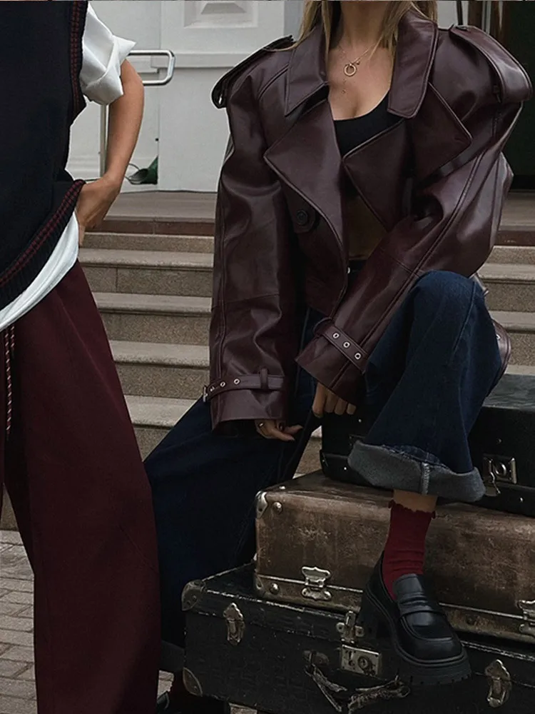 Fashion Lapel Wine Red Leather PU Jacket Autumn Winter Women's Jackets Vintage Long Sleeve Crop Coats Belt High Street New Coat