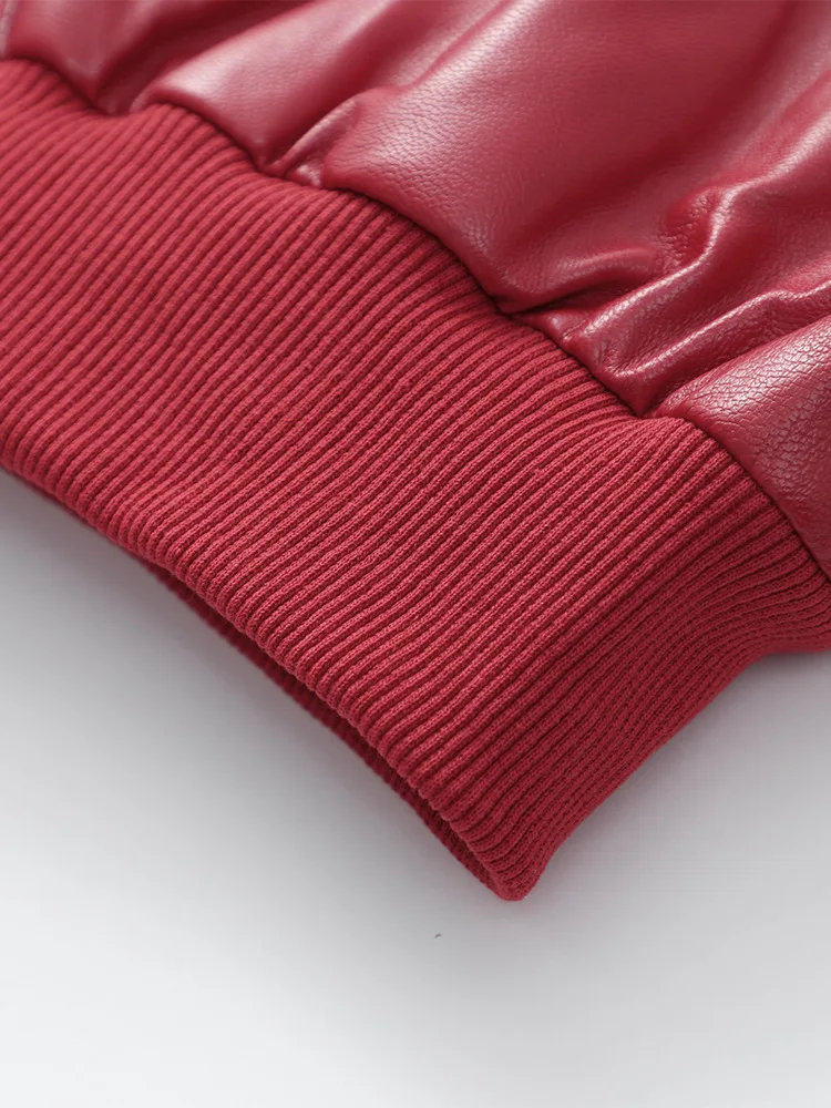 Fashion Lapel Wine Red Leather PU Jacket Autumn Winter Women's Jackets Vintage Long Sleeve Crop Coats Belt High Street New Coat