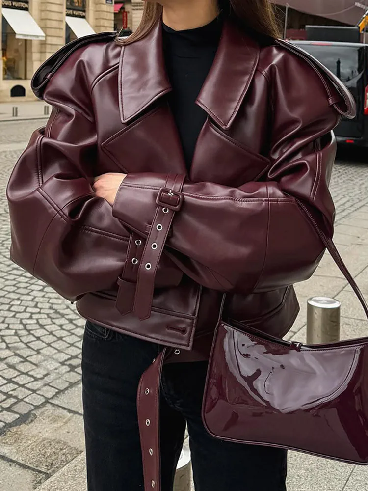 Fashion Lapel Wine Red Leather PU Jacket Autumn Winter Women's Jackets Vintage Long Sleeve Crop Coats Belt High Street New Coat