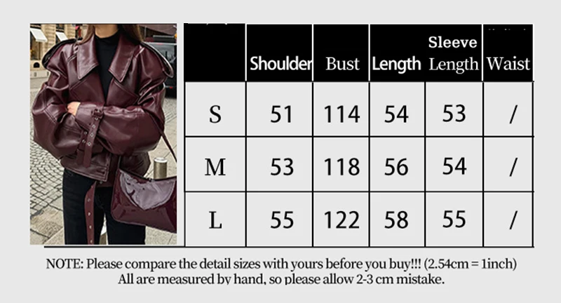 Fashion Lapel Wine Red Leather PU Jacket Autumn Winter Women's Jackets Vintage Long Sleeve Crop Coats Belt High Street New Coat