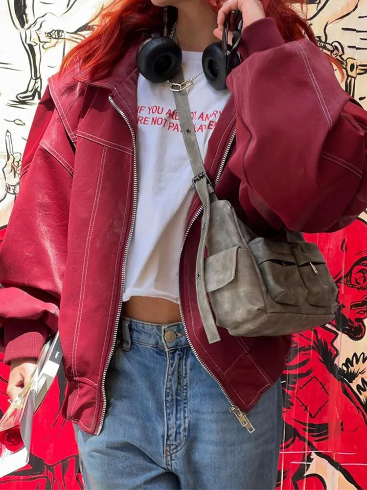 Fashion Lapel Wine Red Leather PU Jacket Autumn Winter Women's Jackets Vintage Long Sleeve Crop Coats Belt High Street New Coat