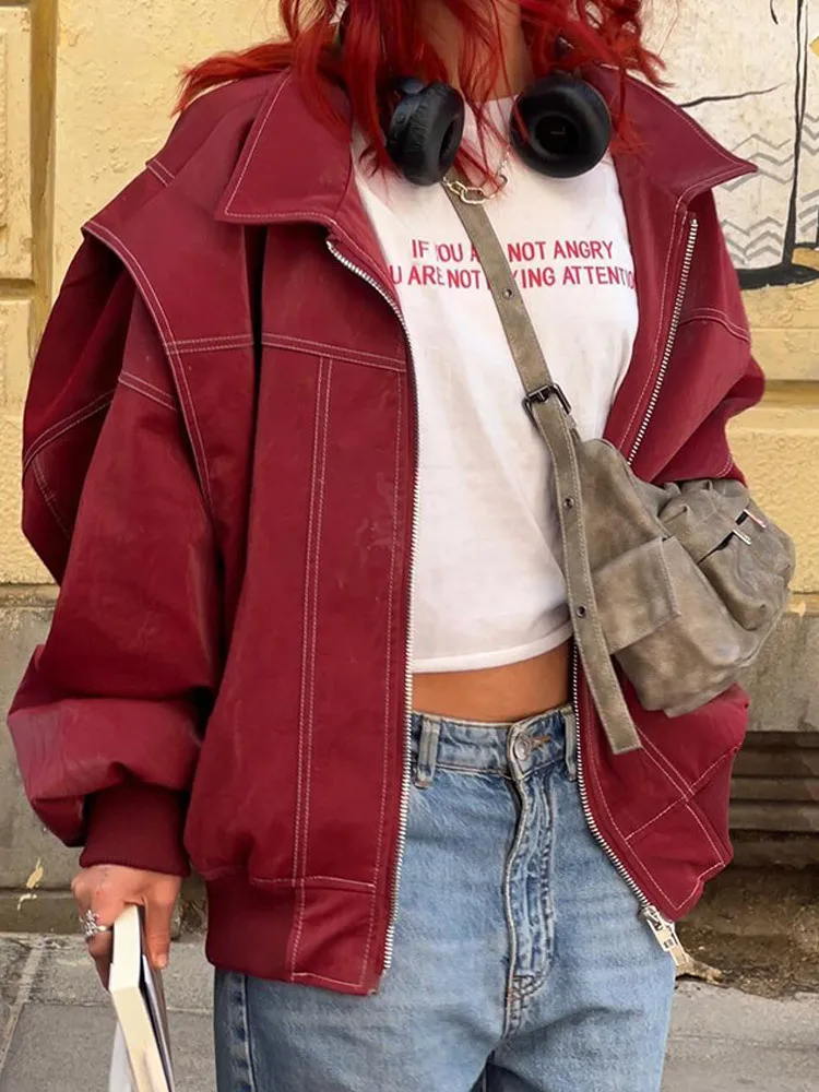 Fashion Lapel Wine Red Leather PU Jacket Autumn Winter Women's Jackets Vintage Long Sleeve Crop Coats Belt High Street New Coat
