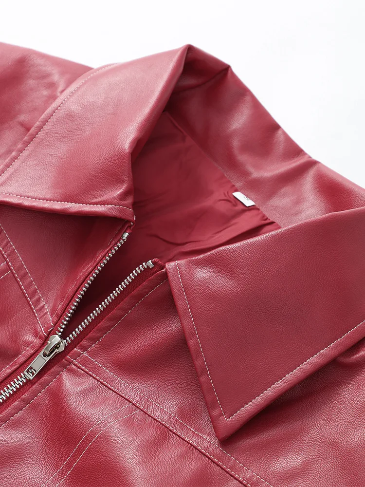 Fashion Lapel Wine Red Leather PU Jacket Autumn Winter Women's Jackets Vintage Long Sleeve Crop Coats Belt High Street New Coat