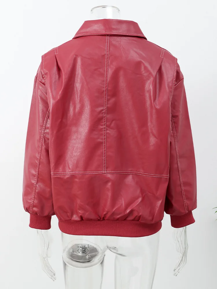 Fashion Lapel Wine Red Leather PU Jacket Autumn Winter Women's Jackets Vintage Long Sleeve Crop Coats Belt High Street New Coat
