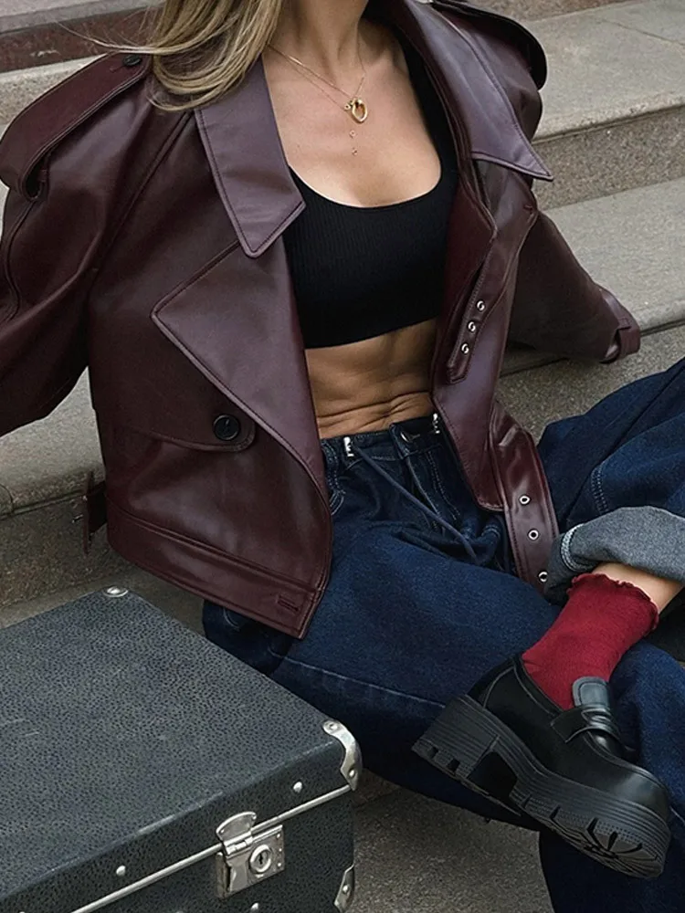 Fashion Lapel Wine Red Leather PU Jacket Autumn Winter Women's Jackets Vintage Long Sleeve Crop Coats Belt High Street New Coat