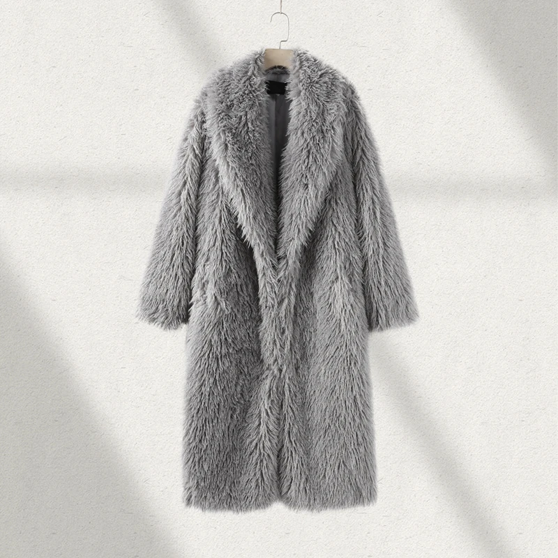 Winter Faux Fur Long Coat Women Vintage Full Sleeve Pocket Lapel Thicken Warm Outwear Female 2026 Fashion Urban Streetwear Lady