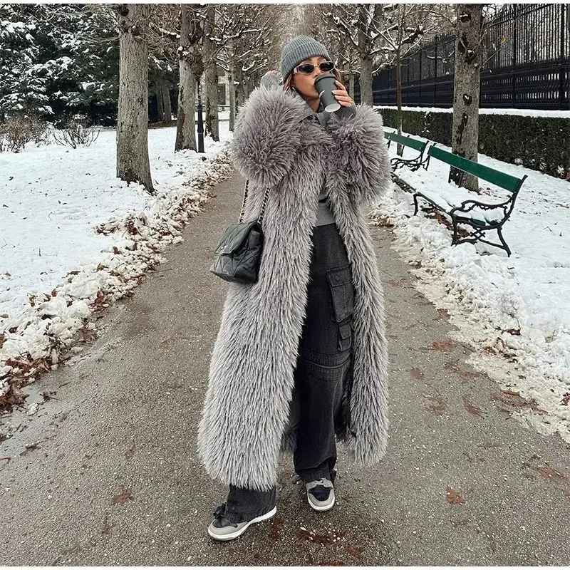 Winter Faux Fur Long Coat Women Vintage Full Sleeve Pocket Lapel Thicken Warm Outwear Female 2026 Fashion Urban Streetwear Lady