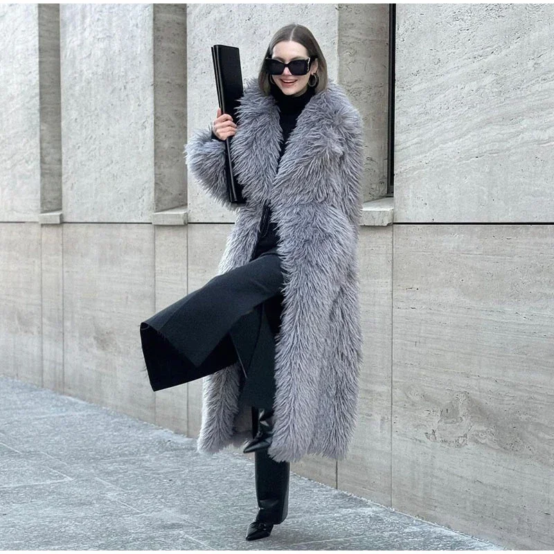 Winter Faux Fur Long Coat Women Vintage Full Sleeve Pocket Lapel Thicken Warm Outwear Female 2026 Fashion Urban Streetwear Lady