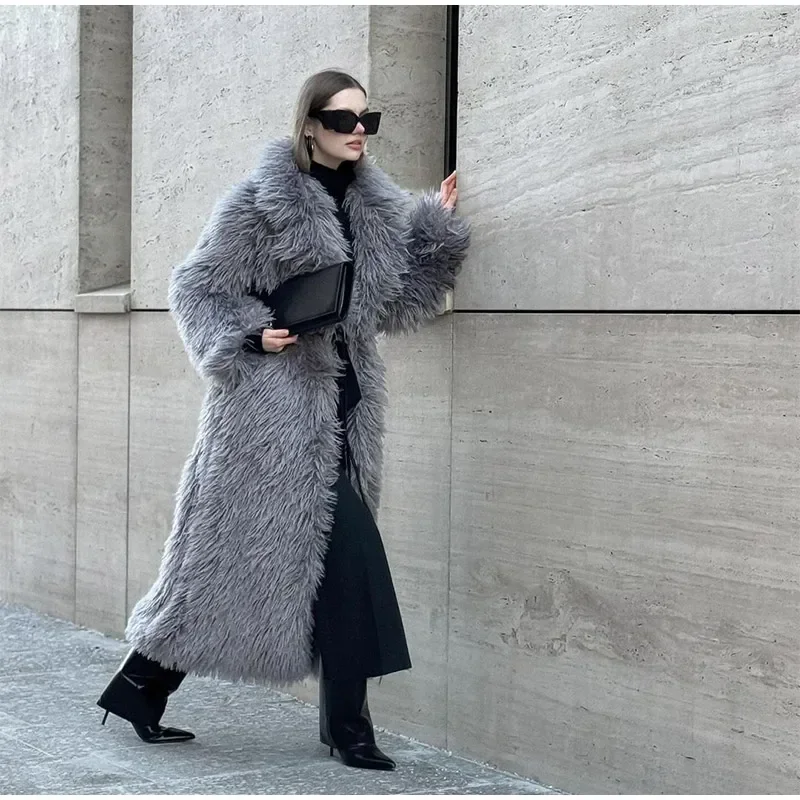 Winter Faux Fur Long Coat Women Vintage Full Sleeve Pocket Lapel Thicken Warm Outwear Female 2026 Fashion Urban Streetwear Lady